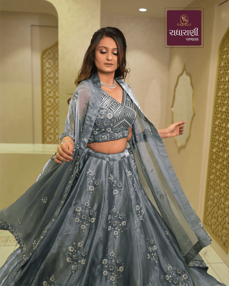Steel grey designer lehenga choli with floral embroidery and dupatta by Radharani Vastralaya Ahmedabad bridal rental collection