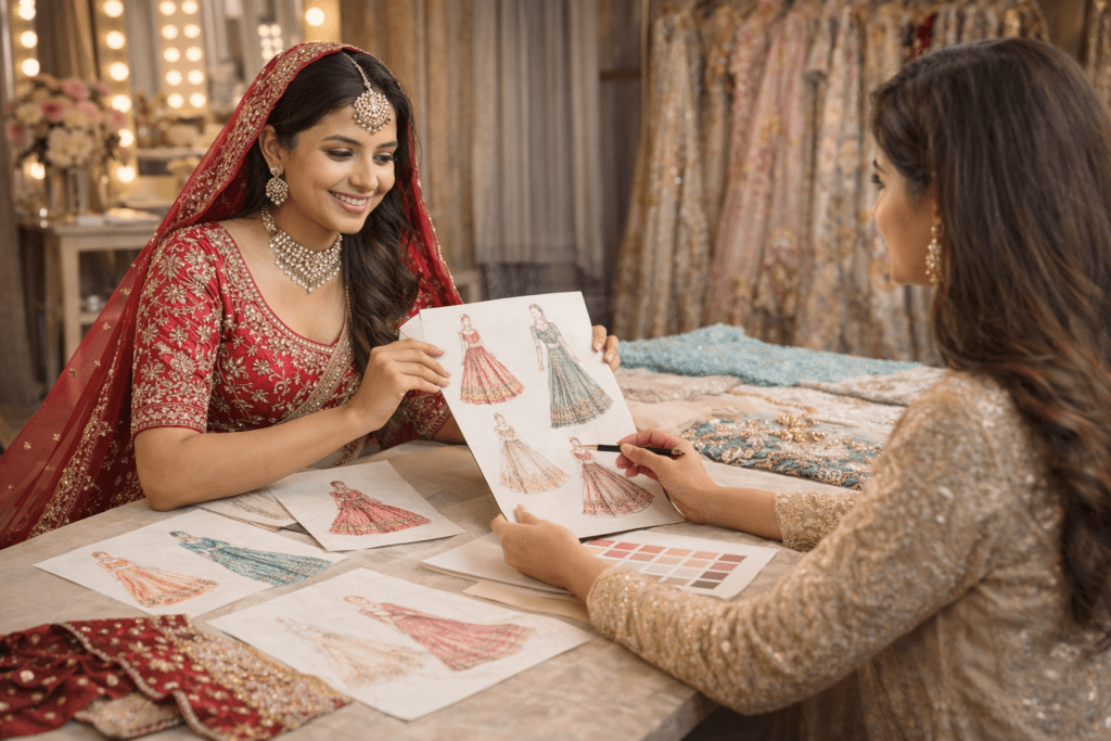 Bride choosing custom lehenga design options with fashion designer in boutique