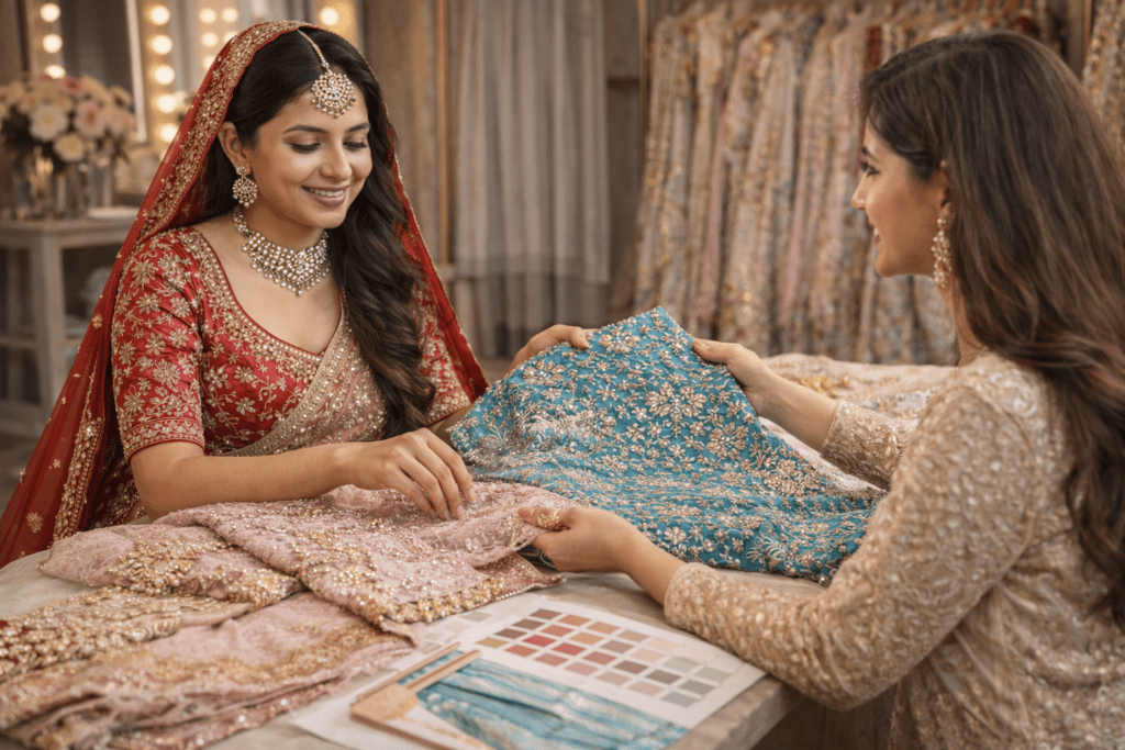 Bride selecting lehenga fabric and embroidery material with designer in boutique