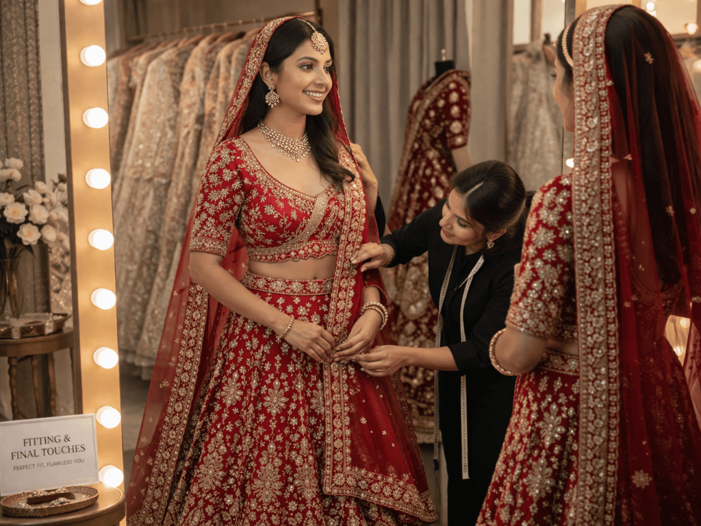 Bride trying final customized lehenga with designer doing fitting adjustments