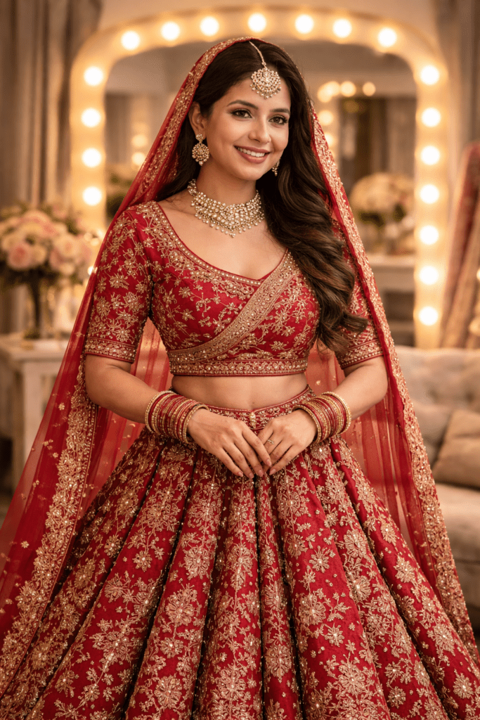 Bride wearing fully customized red bridal lehenga with heavy embroidery and jewelry