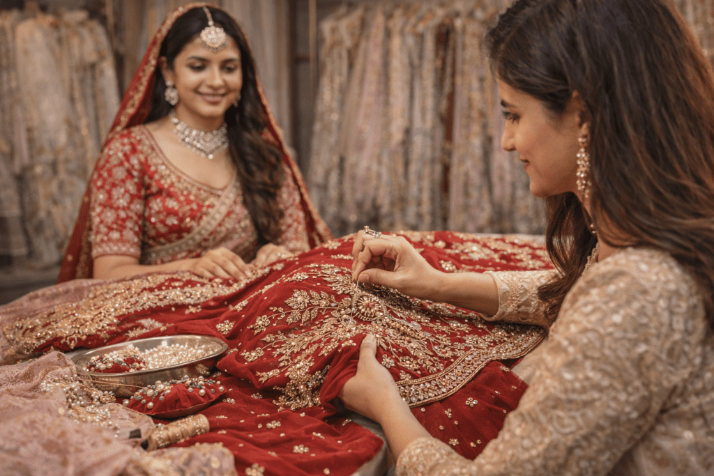 Designer doing detailed hand embroidery work on bridal lehenga fabric