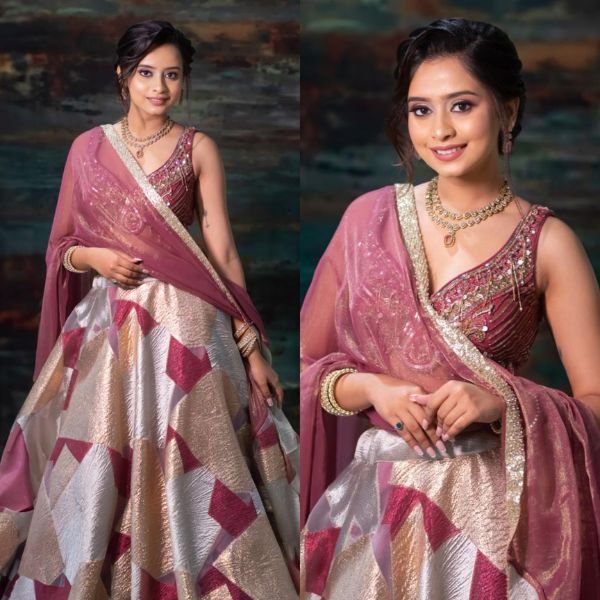 Pink and gold carnival lehenga choli with stylish dupatta for festive function - Radharani Vastralaya