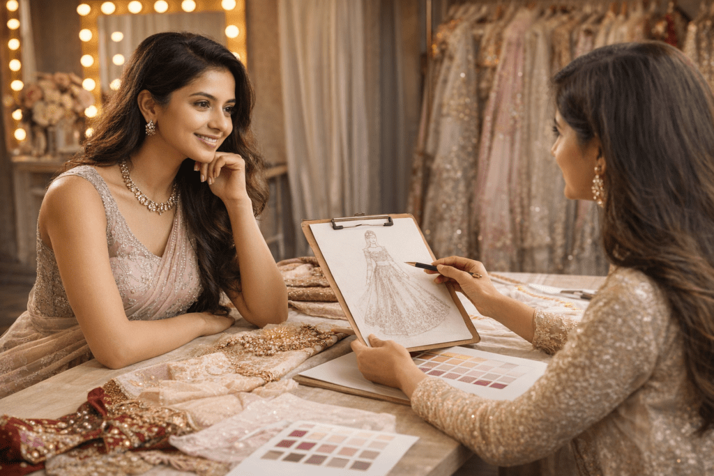 Bride discussing custom wedding dress design with fashion designer in boutique