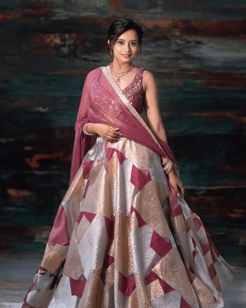 Designer lehenga for sangeet function by Radharani Vastralaya Ahmedabad with modern pattern