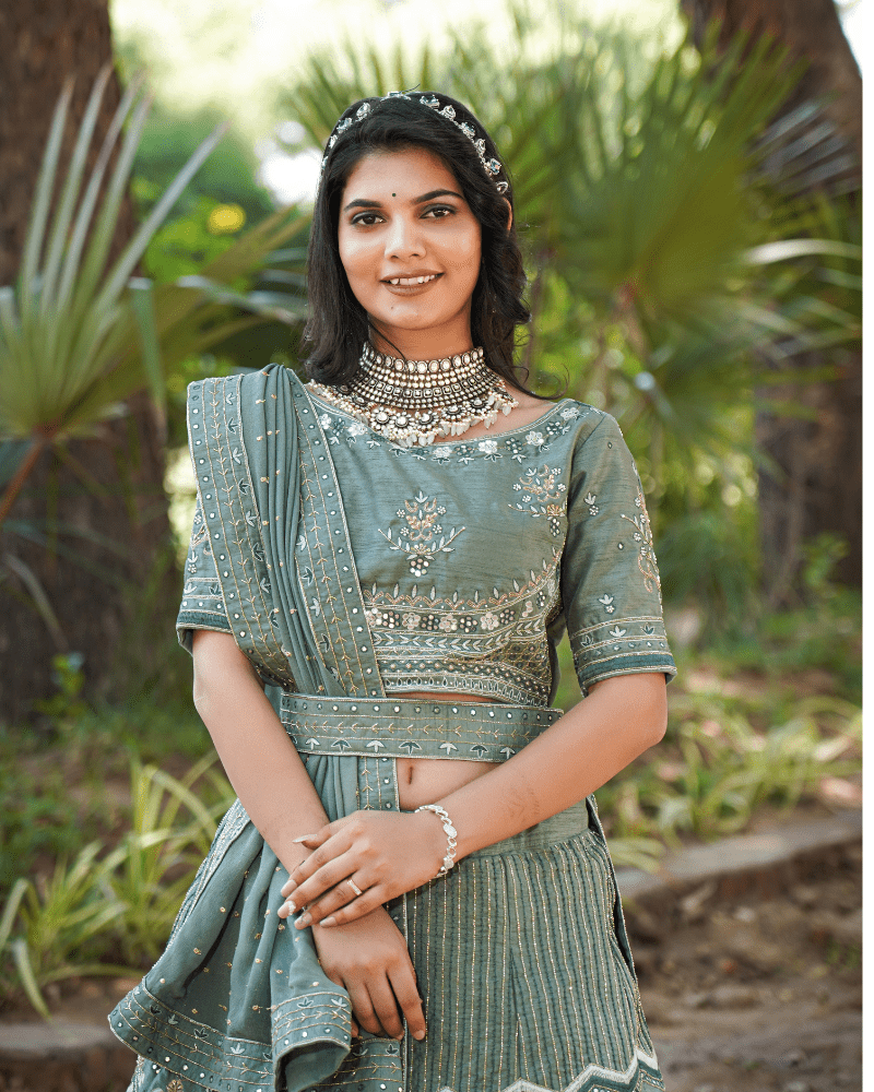 Mehendi choli on rent in Ahmedabad by Radharani Vastralaya with traditional design